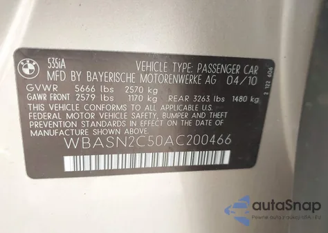 2010 BMW 535I Gran Turismo from USA, damaged, VIN WBASN2C50AC200466